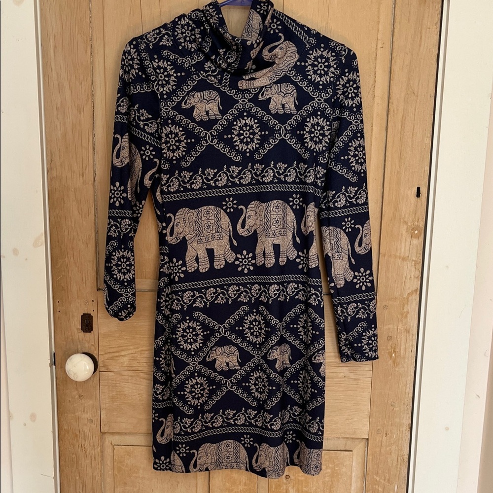 Long Sleeve Navy Dress with Beige Elephant Print